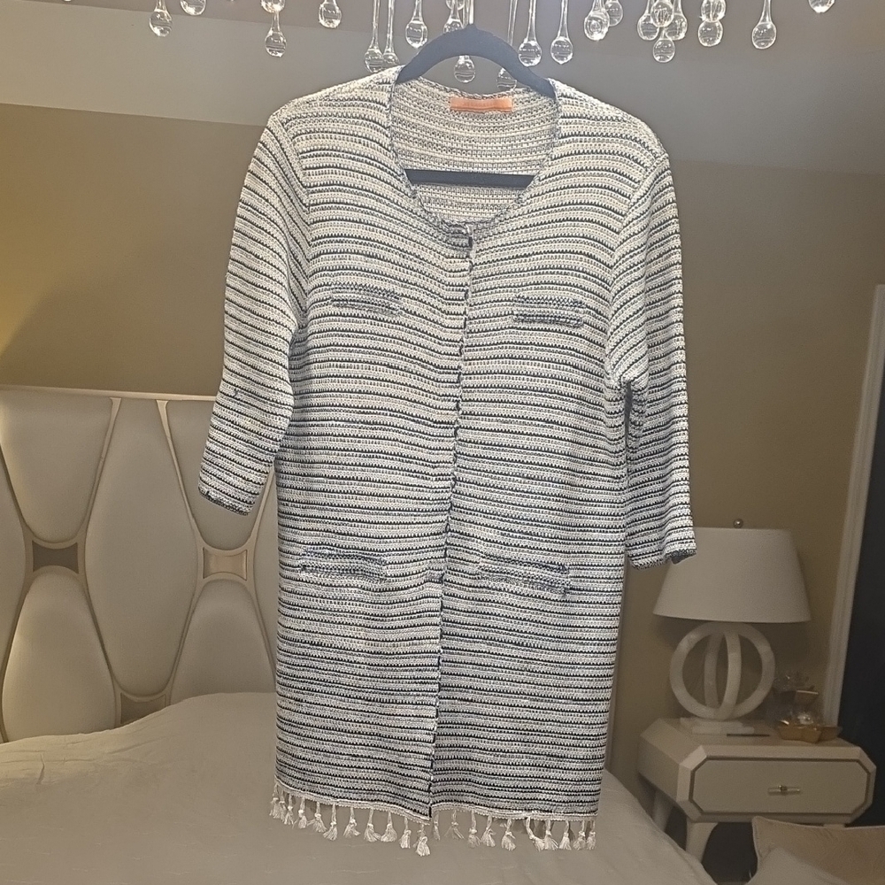 Vilagallo Cotton and Wool White and Navy Striped Long Cardigan with Fringe
